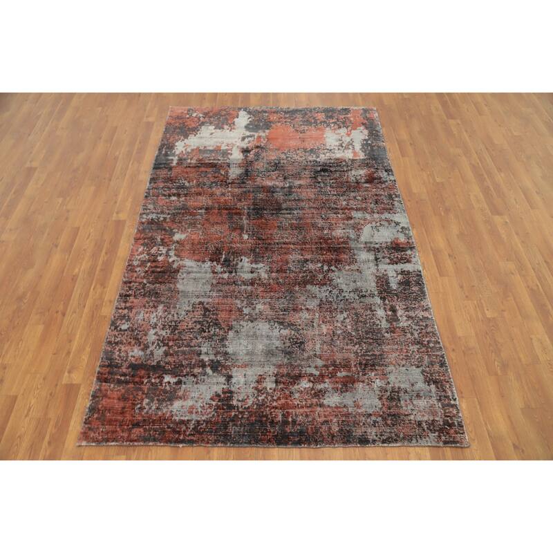 Hand Knotted Oriental Viscose Silk Carpet Modern Abstract Oranges & Rust Abstract Area Rug - 8' 0'' X 5' 0''