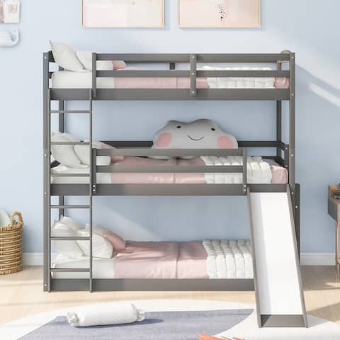 Gray Twin over Twin over Twin Adjustable Triple Wood Bunk Bed with 2 Ladders and 1 Slide