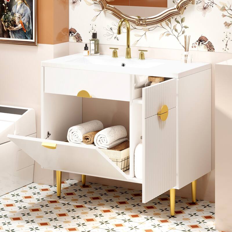 36" Bathroom Vanity with Resin Basin Sink Modern Sink Storage Cabinet with Soft-Closing Door and Drop-Down Door