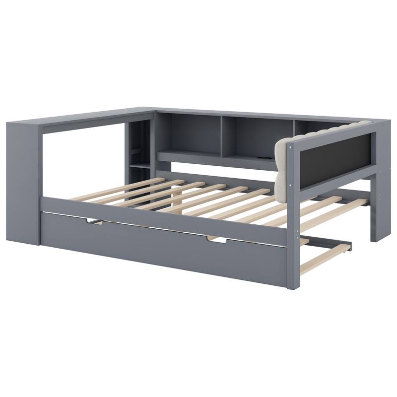 Wood Full/Twin Platform Bed with Storage Shelves, Trundle, Charging Station & Upholstered Headboard