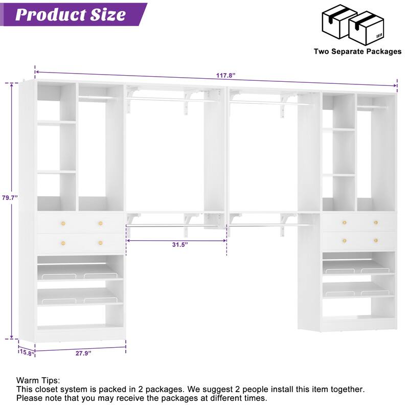 56'' - 120'' Set of 2 Closet System with Shoe Rack, Closet Organizer with Drawers and Hanging Rods