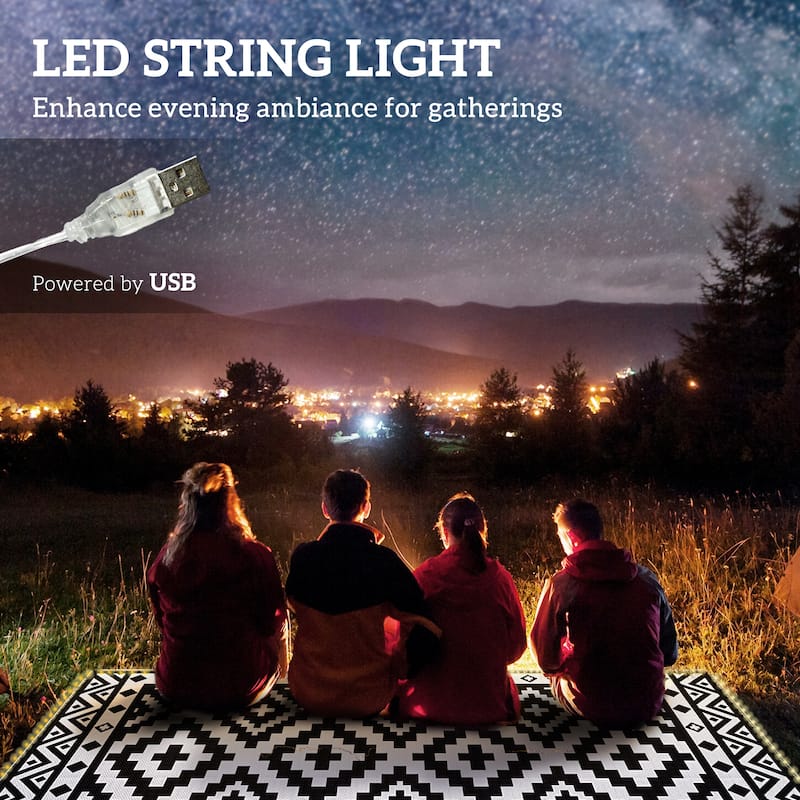 Outsunny Reversible Outdoor Rug Carpet, 12' x 9' Waterproof PP Plastic Straw Rug, Portable RV Camping Mat with LED String Lights
