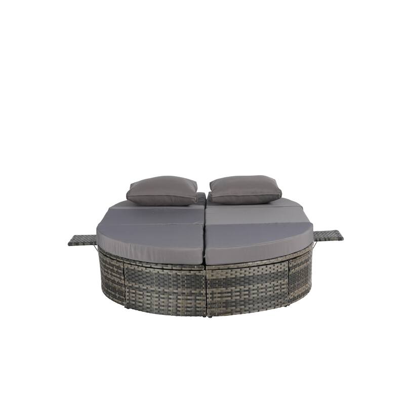 Outdoor Patio Rattan Round Daybed Sunbed with Adjustable Backrests and Foldable Cup Trays
