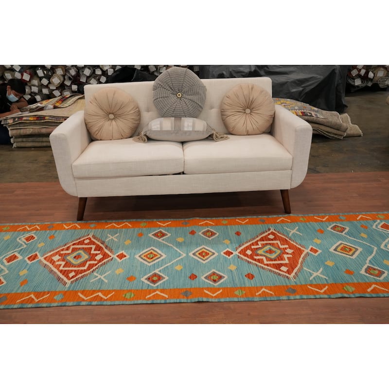 Hand Woven Oriental 100% Wool Carpet Southwestern Tribal Navy Blue & Blues Kilim Runner Rug - 9' 11'' X 2' 10''