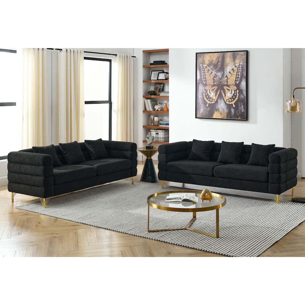 Roomfitters 2-Piece Black Chesterfield Sofa Set, Two 3-Seater Upholstered Couches with Button-Accented Back and Gold Legs, Black