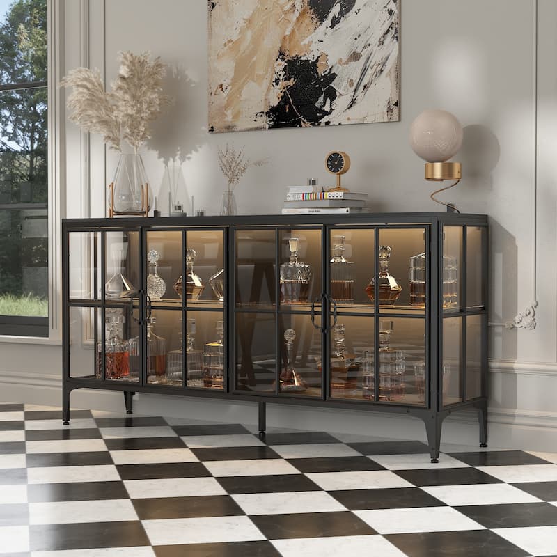 63" Black Glass Door Sideboard Cabinet with LED Lights, Metal Frame Storage Buffet Cabinet Wine Cabinet