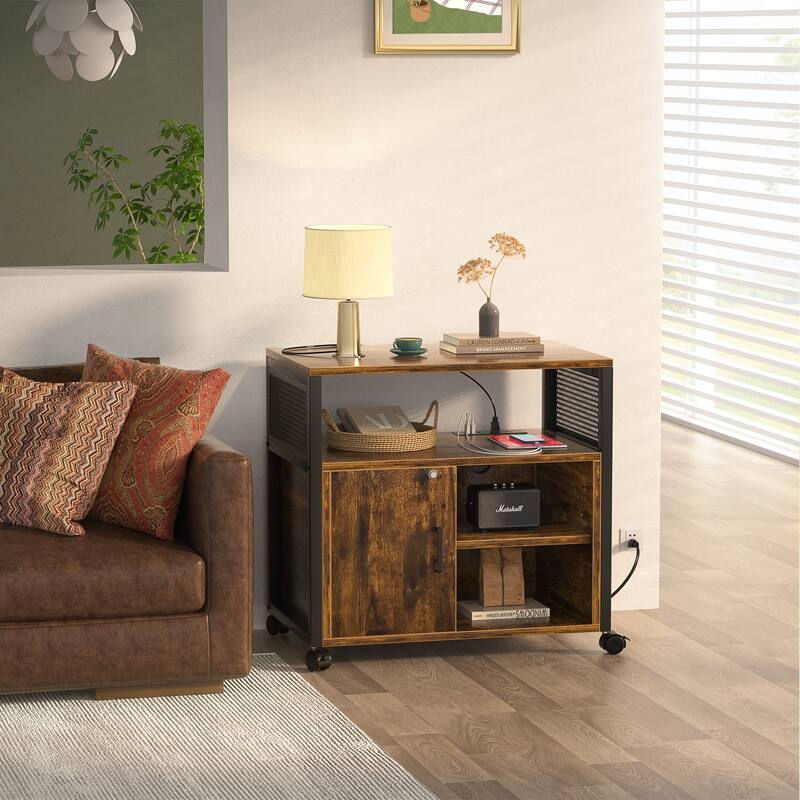 Rolling File Cabinet Lateral Office Filing Cabinets with Charging Station,Modern Printer Stand on Wheels