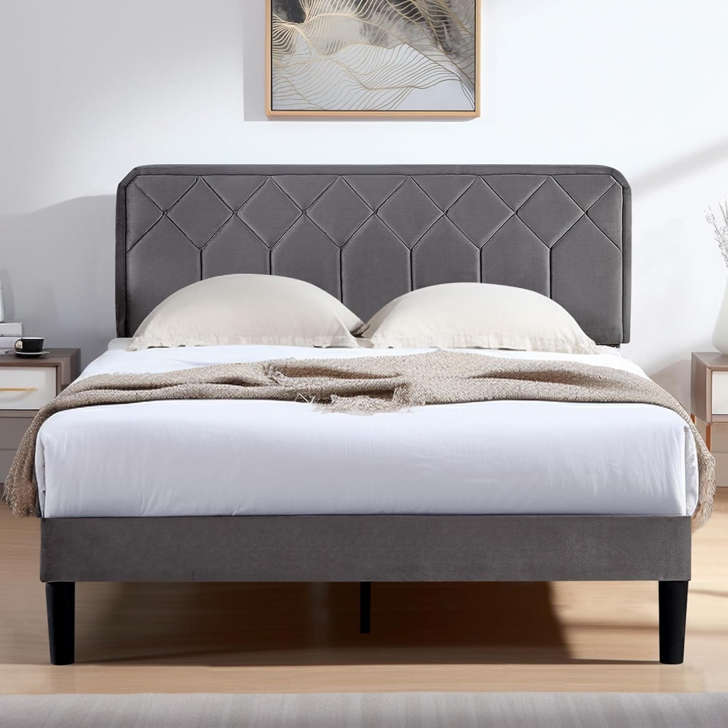 Full Size Bed Frame with Adjustable Headboard, Velvet Upholstered Platform, Solid Wooden Slats, Easy Assembly
