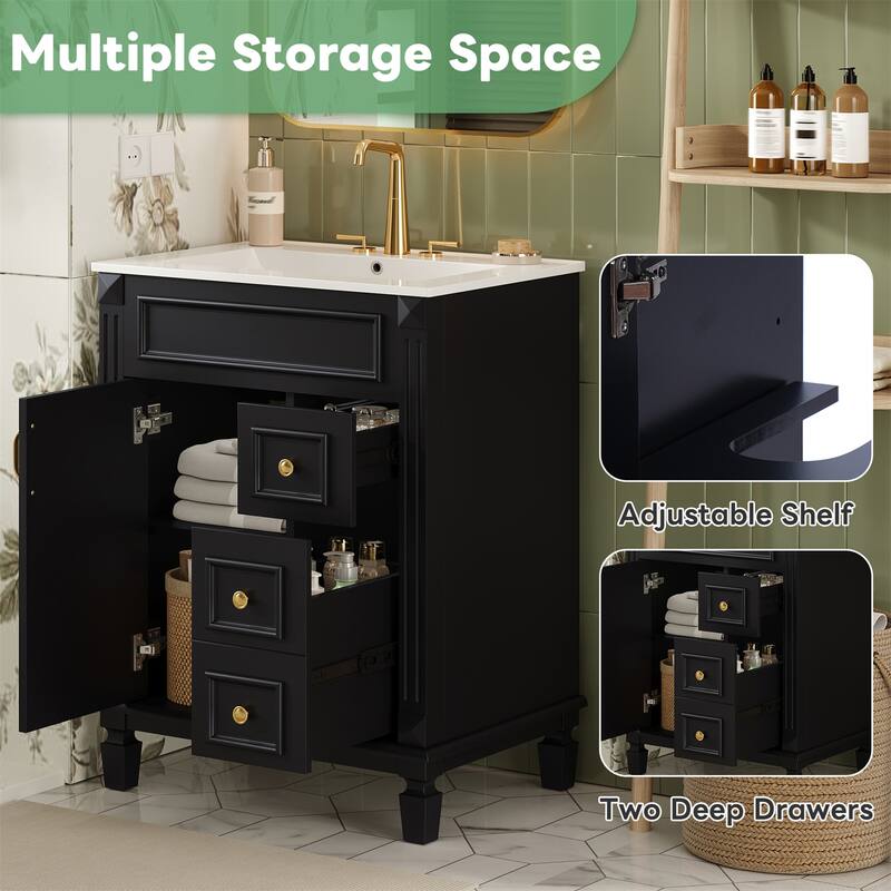 24" Bathroom Vanity with Ceramic Sink and 2 Drawers, Adjustable Shelf