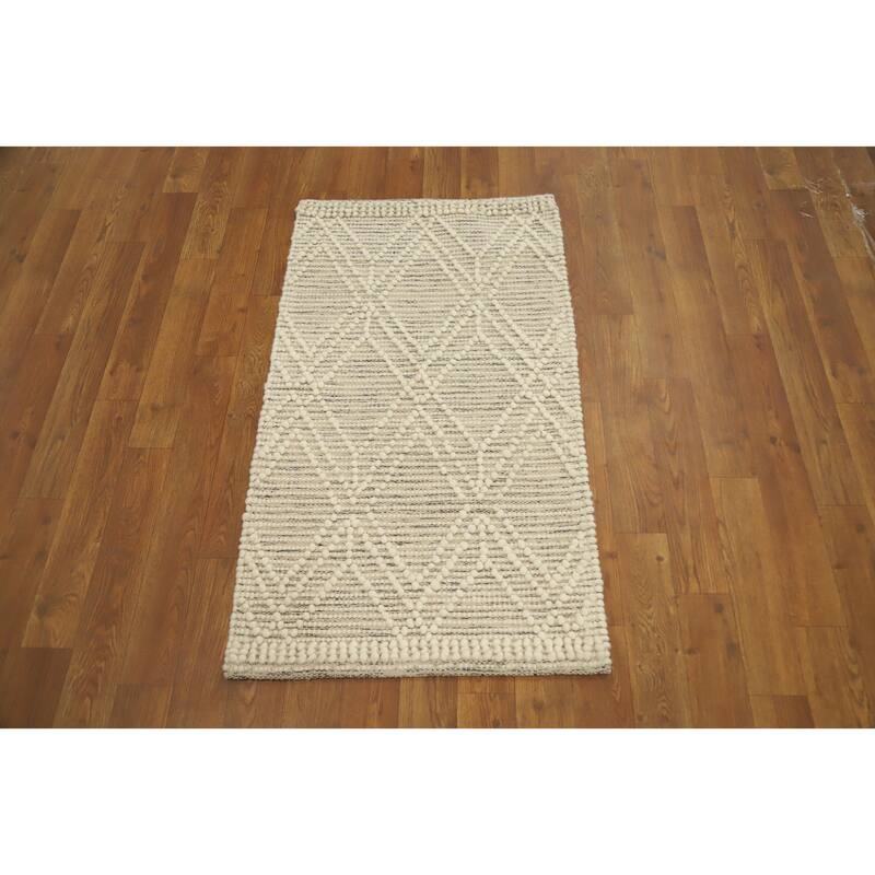 Hand Knotted Oriental 100% Wool Carpet Modern Geometric Beige & Ivories Modern Gotti Design Area Rug - 3' 3'' X 1' 10''