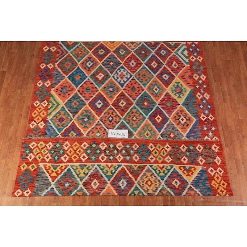 Geometric Kilim Reversible Area Rug Flatweave Orange Wool Carpet - 8'0"x 11'2"
