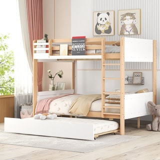 Pine wood+MDF Full over Full Bunk Bed with Twin Size Trundle and Ladder Storage Shelves.