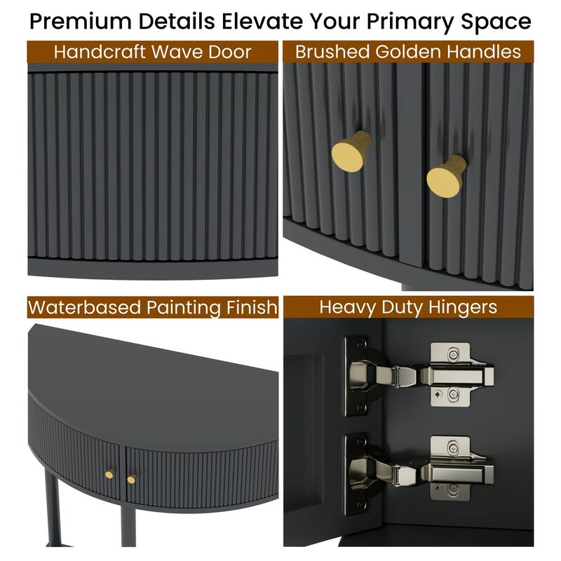 Wave-Pattern Console Table with Dark Gray Finish,Unique Half Moon Design End Table with 2 Storage Drawers and Bottom Shelf