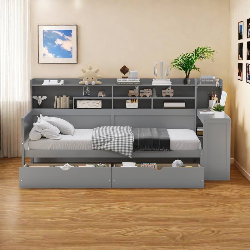 Twin Size Daybed with Study Desk and Storage,Space-Saving Design with Side Shelves, 2 Large Drawers, Built-In Workstation - Gray