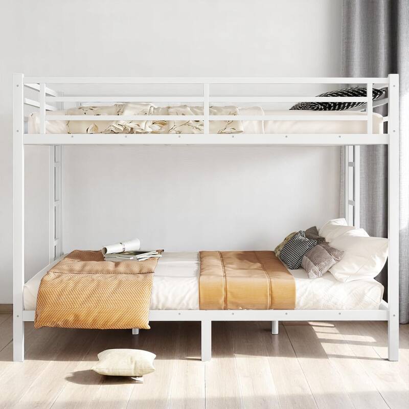 Queen Over Queen Metal Bunk Bed with Dual Ladders, Guardrails, Noise-Free Slats, and Under-Bed Storage,Steel Frame Bunk Bed - White - Queen