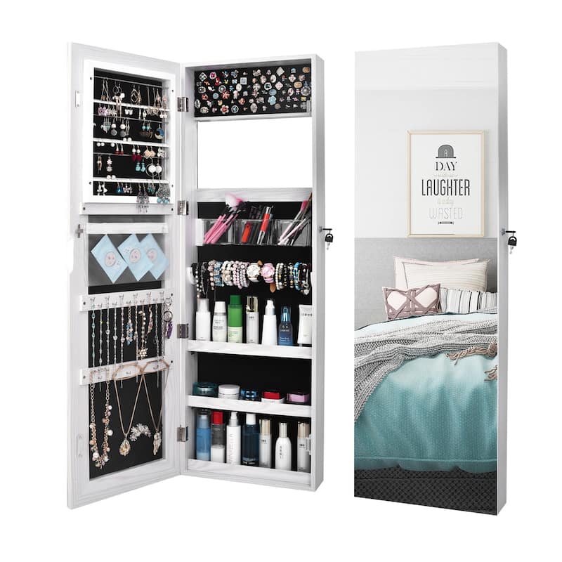 Full Mirror Wood Grain White Jewelry Armoire Cabinet