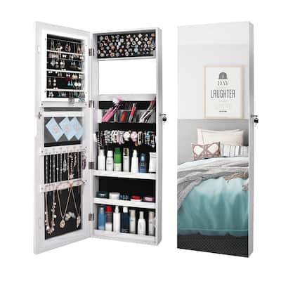 Full Mirror Wood Grain White Jewelry Armoire Cabinet