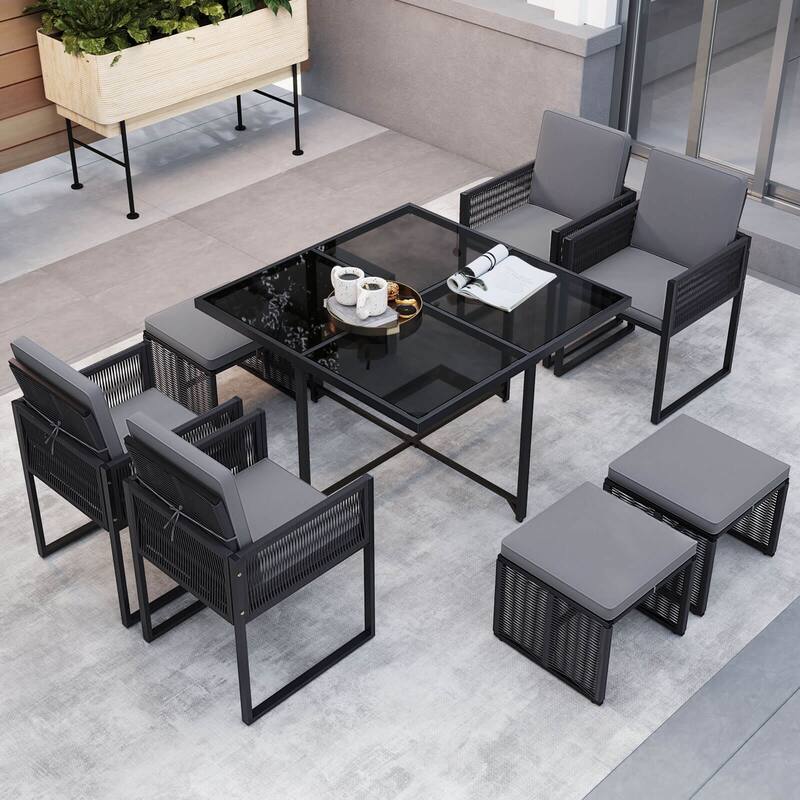 Costway 9 PCS Patio Dining Set with PE Rattan Chairs Tempered Glass - See Details
