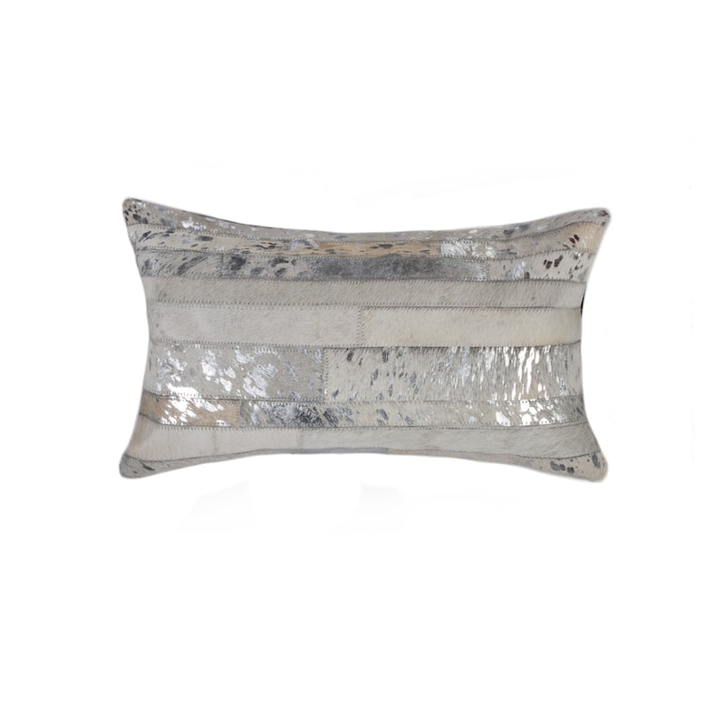 HomeRoots 12" X 20" Gray and Silver Striped Cowhide Lumbar Throw Pillow
