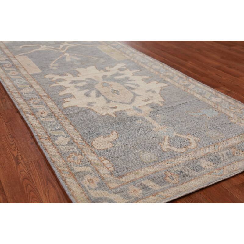 Hand Knotted Oriental 100% Wool Carpet Transitional Floral Greys & Charcoal Oushak Runner Rug - 11' 10'' X 3' 0''