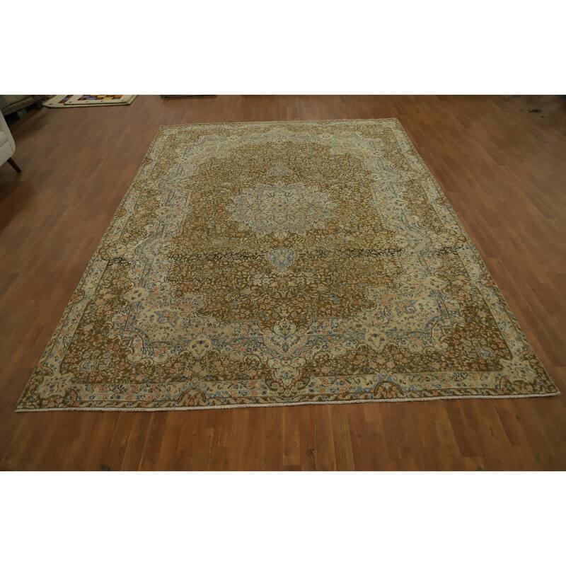 Hand Knotted Oriental 100% Wool Carpet Traditional Floral Brown Kerman Area Rug - 13' 4'' X 9' 6''