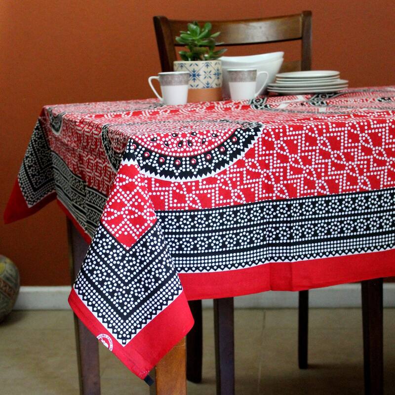 Red Mandala Design Cotton Boho Tablecloth Rectangle - 54 x 84 in - Single - Joyous Red