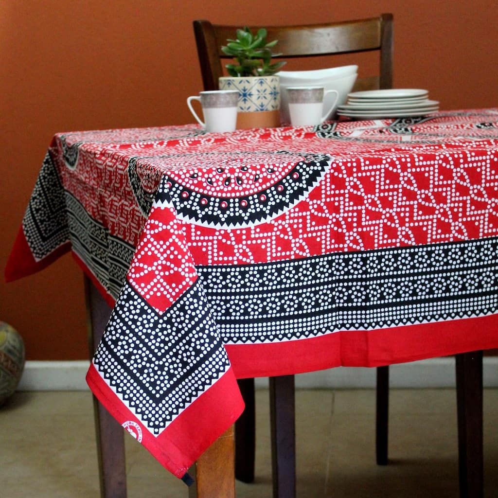 Red Mandala Design Cotton Boho Tablecloth Rectangle - 54 x 84 in