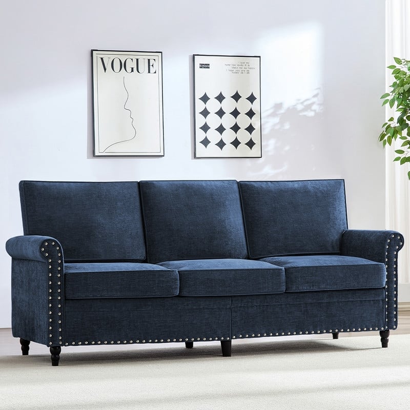 Mixoy Chenille Living Room Sofa,Modern 3-Seater Sofa Couch,Unique Riveted Look - 3-Seater Sofa - NAVY BLUE