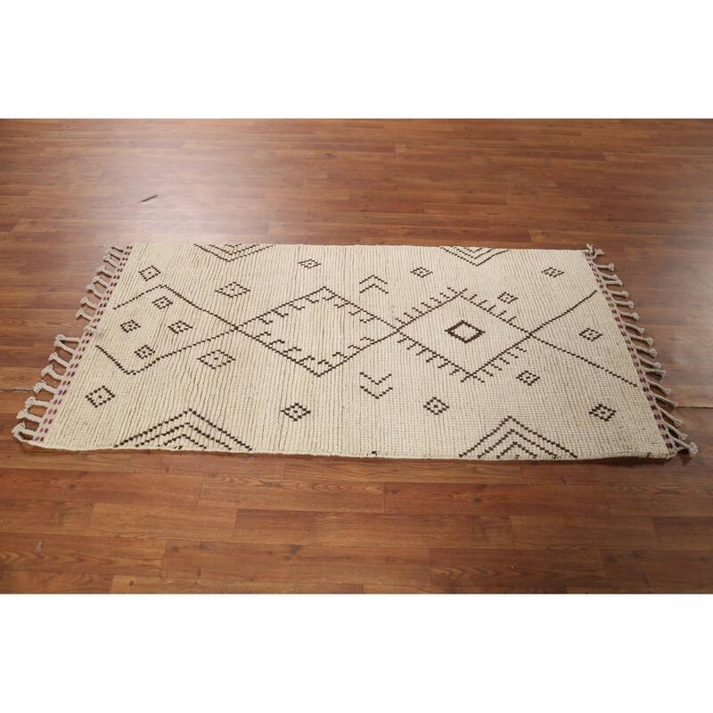 Ivory Geometric Moroccan Oriental Accent Rug Handmade Wool Carpet - 2'10"x 5'7"