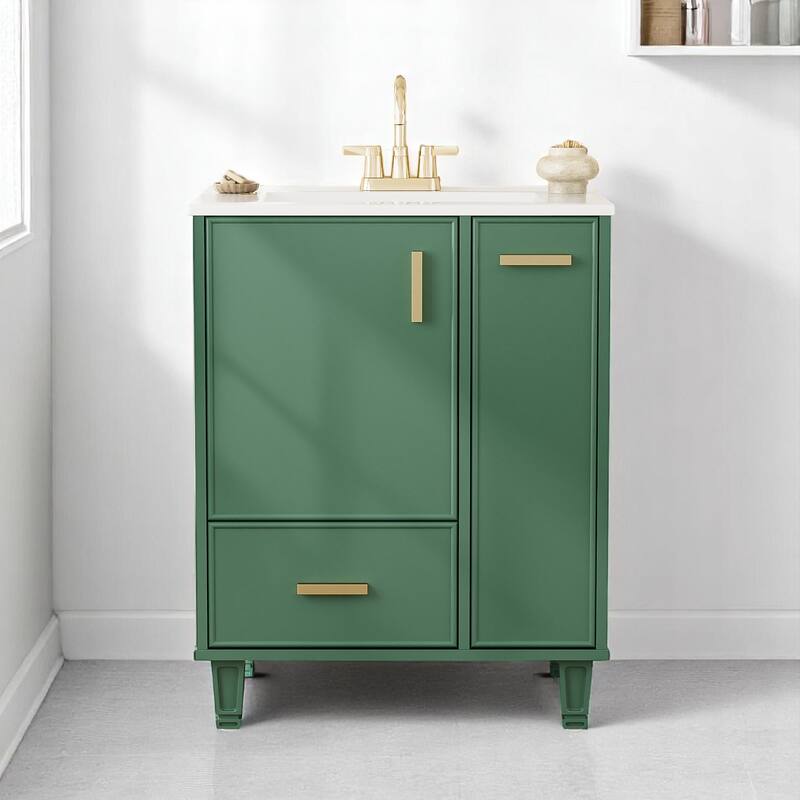 24" Bathroom Vanity with Sink, Freestanding Cabinet with Drawer, Pull-Out Basket & Shelf, Soft-Close Door, Ceramic Basin - Green