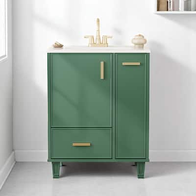 24" Bathroom Vanity with Sink, Freestanding Cabinet with Drawer, Pull-Out Basket & Shelf, Soft-Close Door, Ceramic Basin