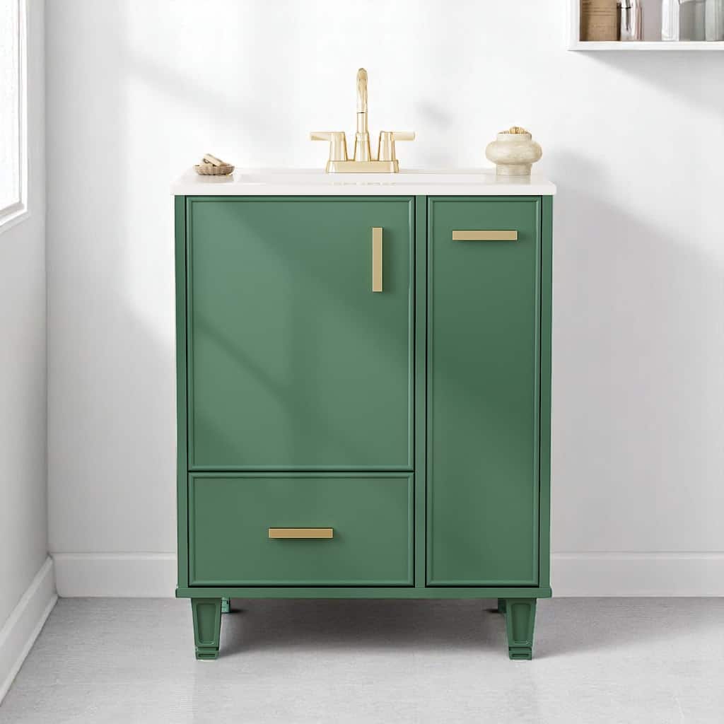 24" Bathroom Vanity with Sink, Freestanding Cabinet with Drawer, Pull-Out Basket & Shelf, Soft-Close Door, Ceramic Basin