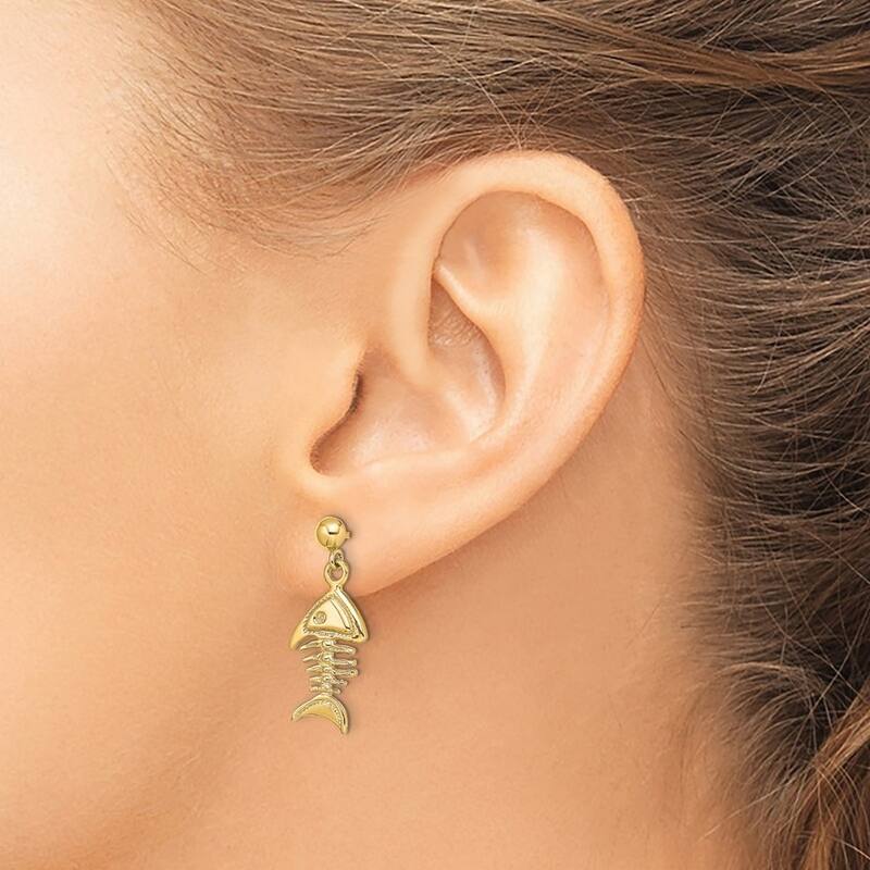 Curata 14k Yellow Gold 24.2x9.5mm 3D Fishbone Dangle Earrings
