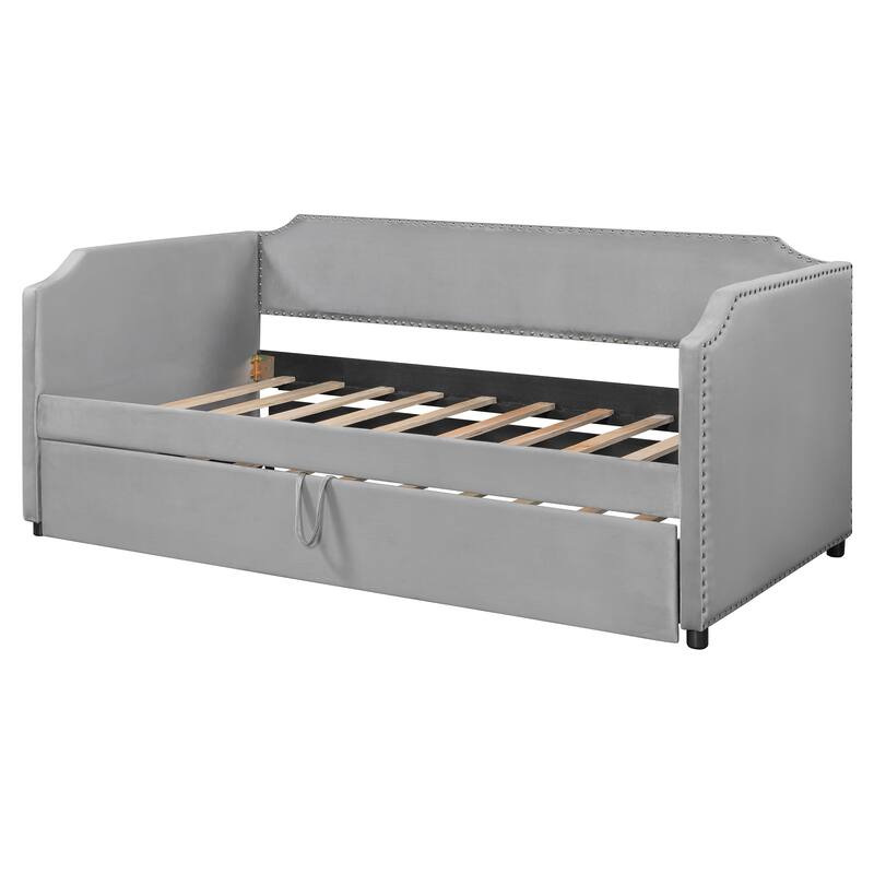 Upholstered Daybed Twin Size Daybed with Pull-Out Lift-Up Trundle and Nailhead Trim Armrest Velvet for Bedroom Apartment
