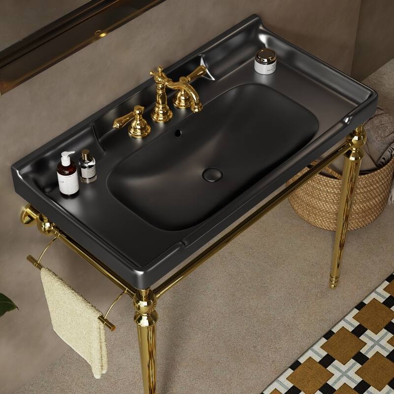 Freestanding Bathroom Console Sink Ceramic Vanity Basin - Black,Gold
