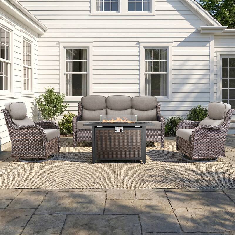 Pocassy 4/5 Piece Patio Sofa Furniture Set with 43" Fire Pit Table - Brown Wicker Gray Cushion - 4-Piece Sofa Swivel Chair w/ Fie Pit Table