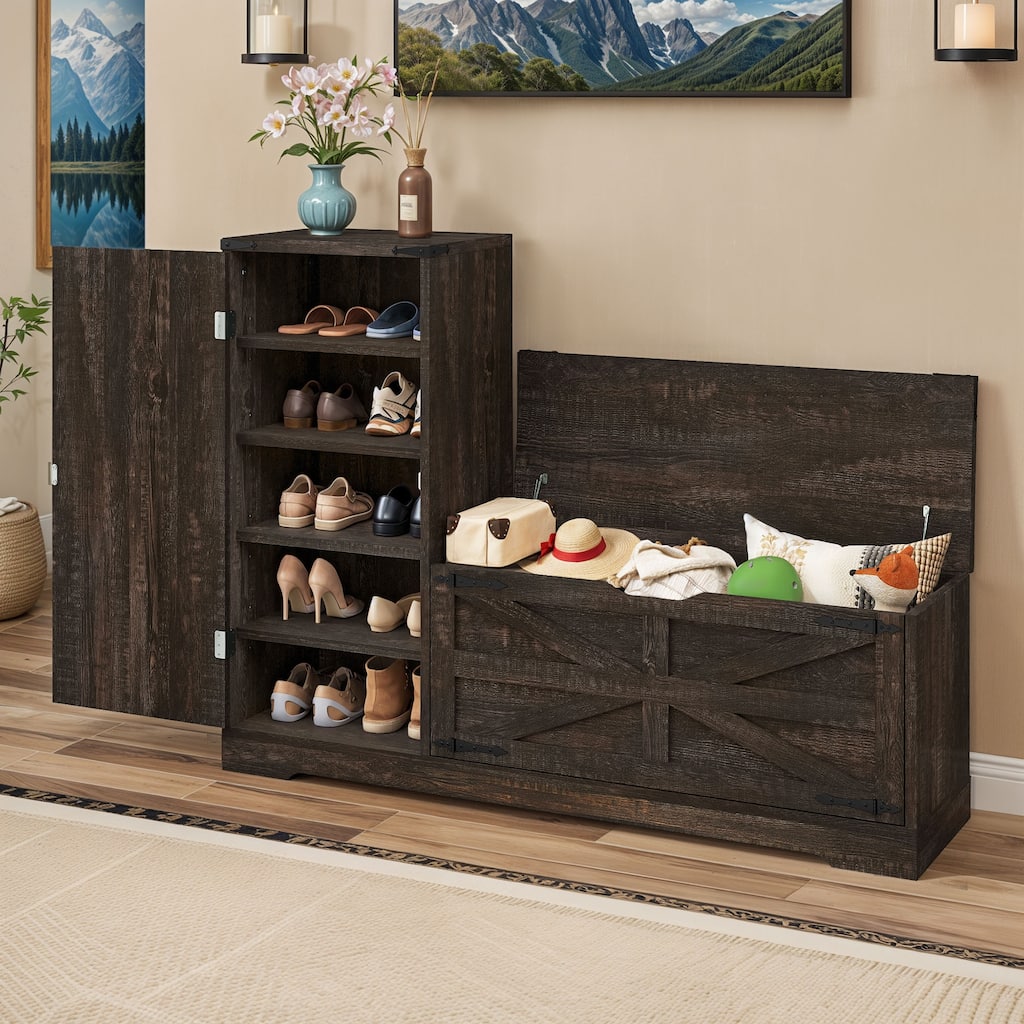 Moasis Farmhouse Shoe Storage Bench with 5 Adjustable Shelves Cabinet for Entryway