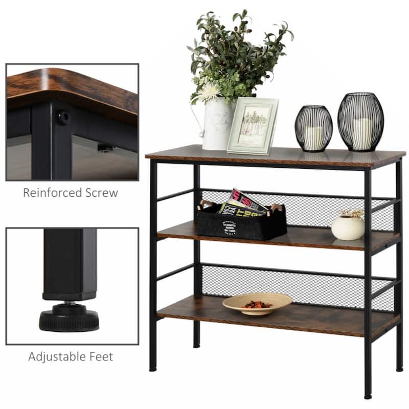 3-Tier Console Table Industrial Style Storage Metal Wooden Shelf with a Robust Multi-Functional Design & Adjustable Feet, Black