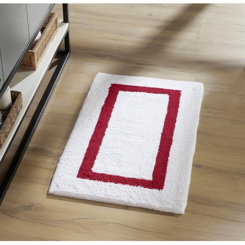 Better Trends Hotel Collection in Race Track 100% Cotton Super Absorbent Reversible Double Sided Machine Washable Bath Mat Rug - 21" x 34" Rectangle - White & Red