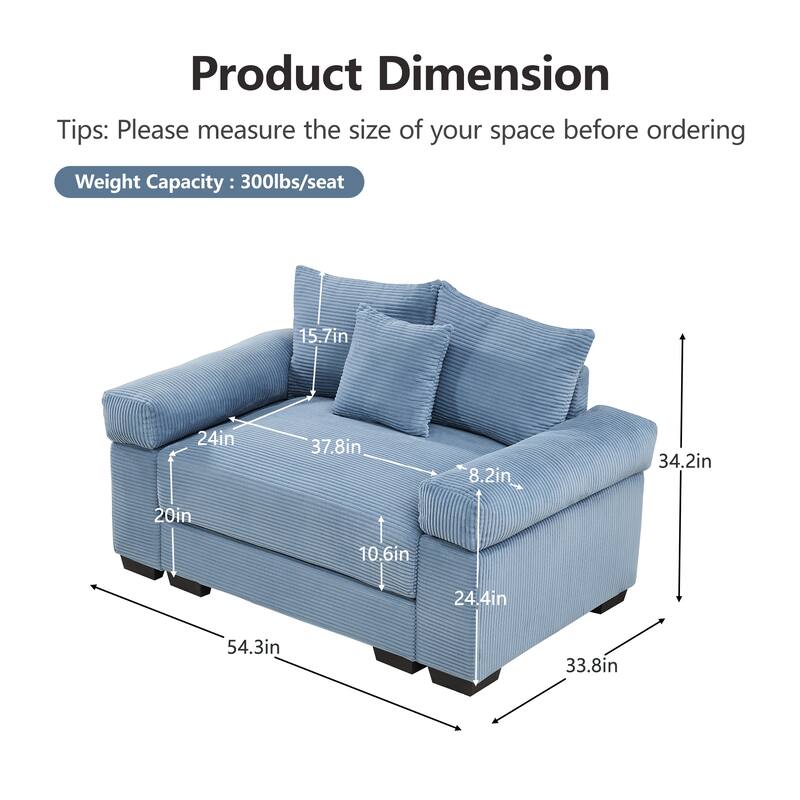 Rossetta Modern 54.3" Oversized Soft Cloud Corduroy Upholstery Couch with Thick Arms