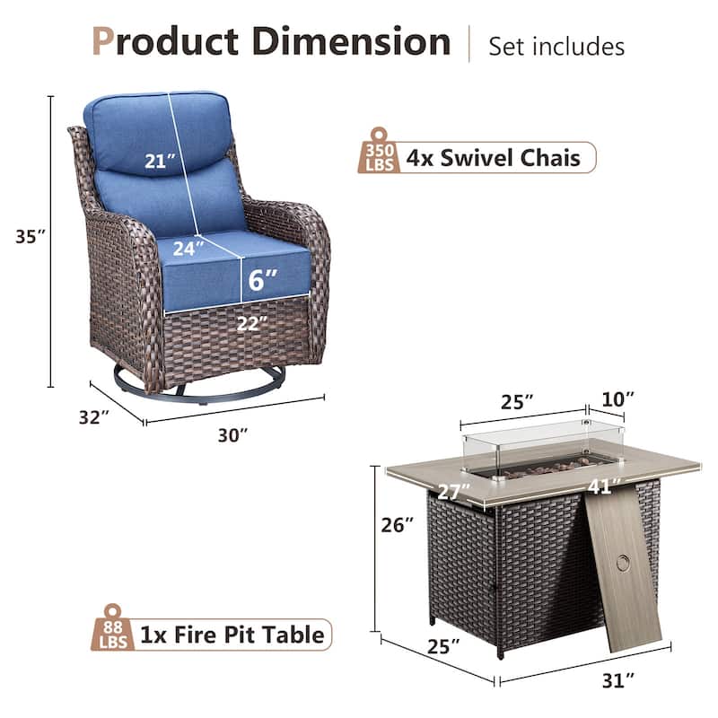 Pocassy 5 Pieces Outdoor 6 Inch Swivel Chair with Fire Pit Table