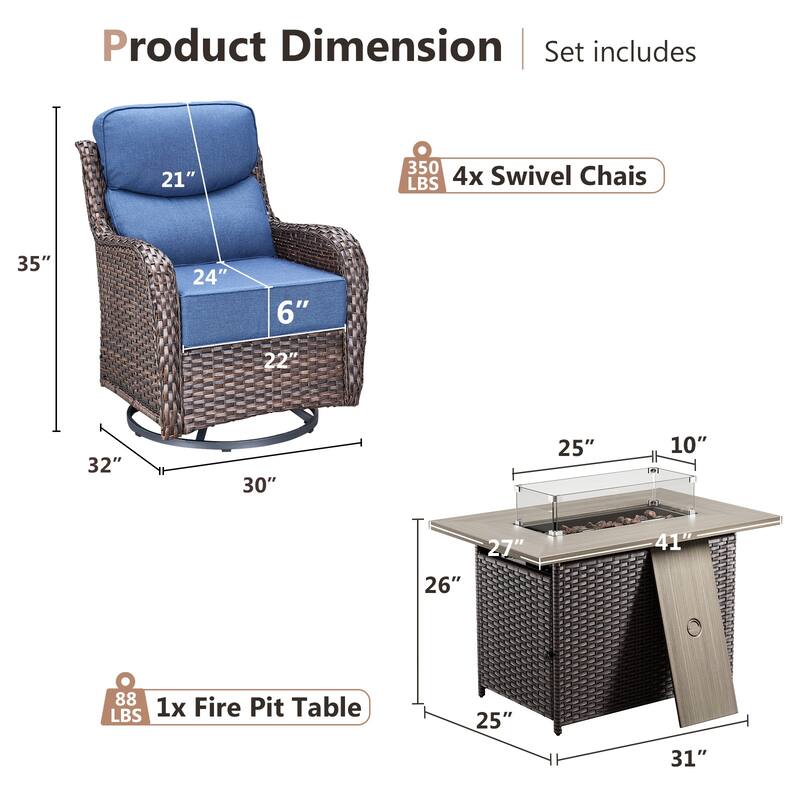 Pocassy Outdoor 6 Inch Sofa Chair Ottoman with Fire Pit Table Set
