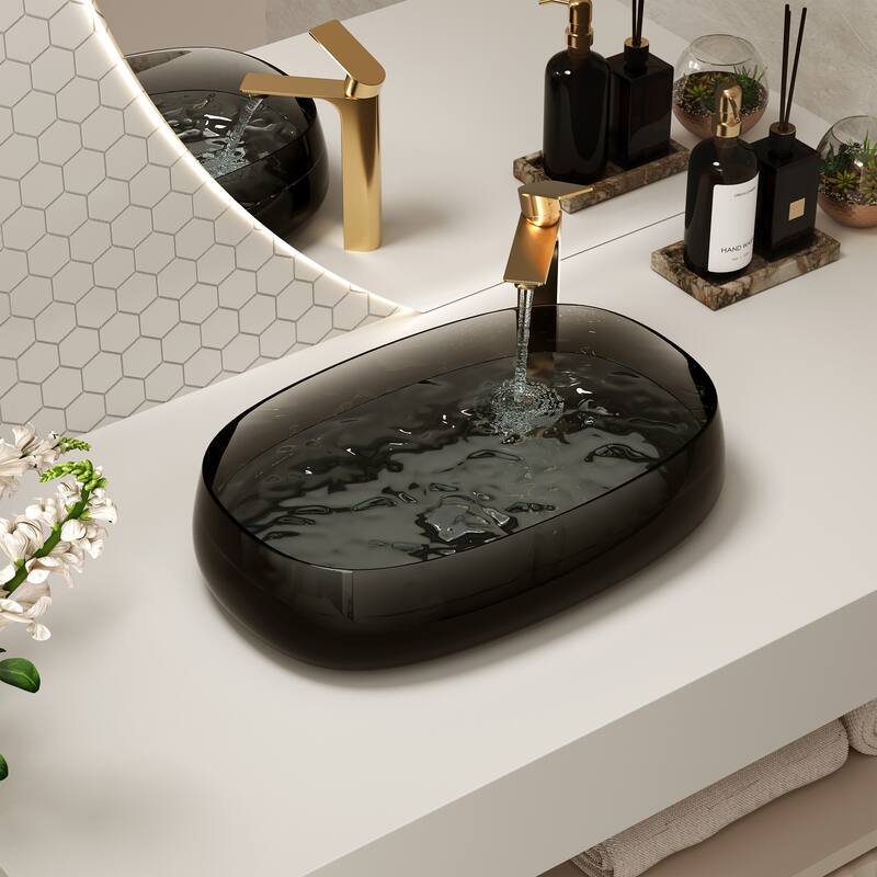Transparent Resin Vessel Bathroom Sink Included Pop-up Drain and Drain Hose, Modern Above Counter Wash Basin with Center Drain - Charcoal Gray (Resin) - 23 x 15 x 5.5