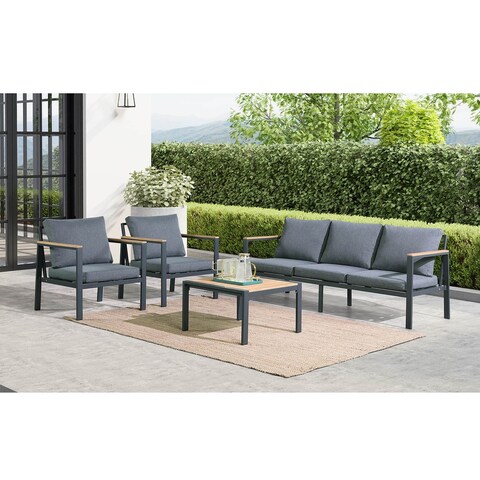 Rossio Outdoor 4 Piece Conversation Set,Matte Charcoal Aluminum Frame,Waterproof Fabric Cover with Slatted Teak Wood Top