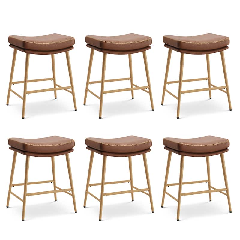 RENEWLINE Metal Bar Stools, 24 Inch Backless Counter Height Stools（Set of 2/3/4/6） with PU Leather Seat & Footrest - Set of 6 - Brown
