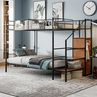 Twin Over Full Bunk Bed with Wire Shelving and Lateral Storage Ladder, Metal Bunk Bedframe with Bulit-in Wardrobe and Slats