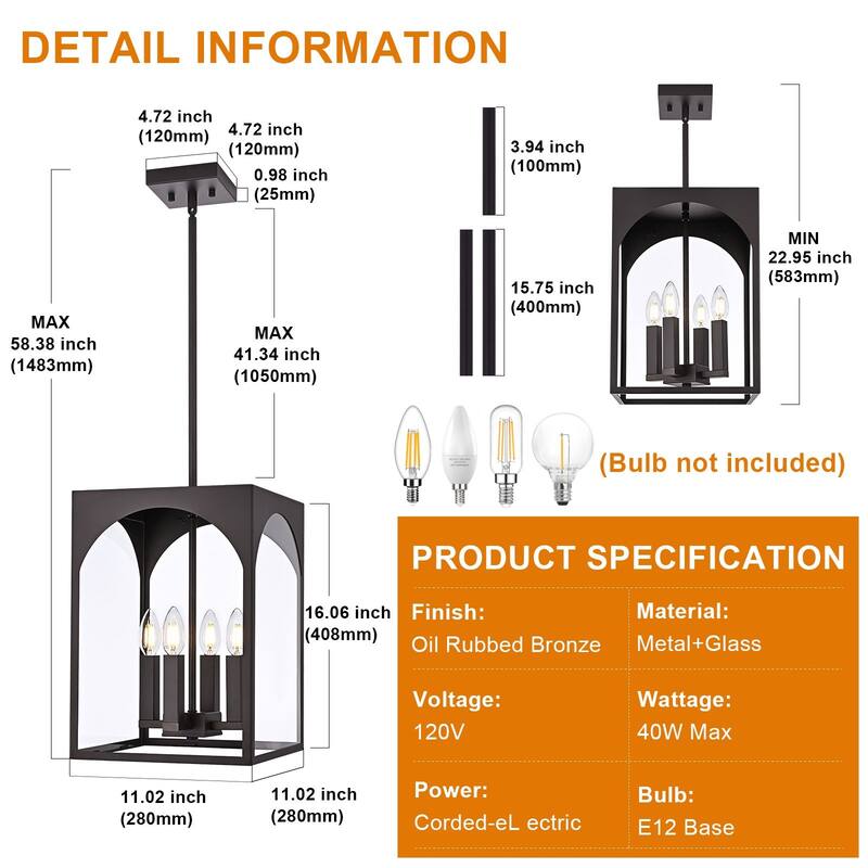 4-LightLarge Outdoor Pendant Light Fixtures, Exterior Hanging Lantern Porch Light Adjustable, Farmhouse Exterior Chandelier