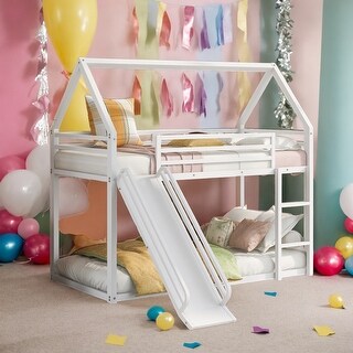 Twin over Twin House Bunk Bed with Convertible Ladder and Slide, White