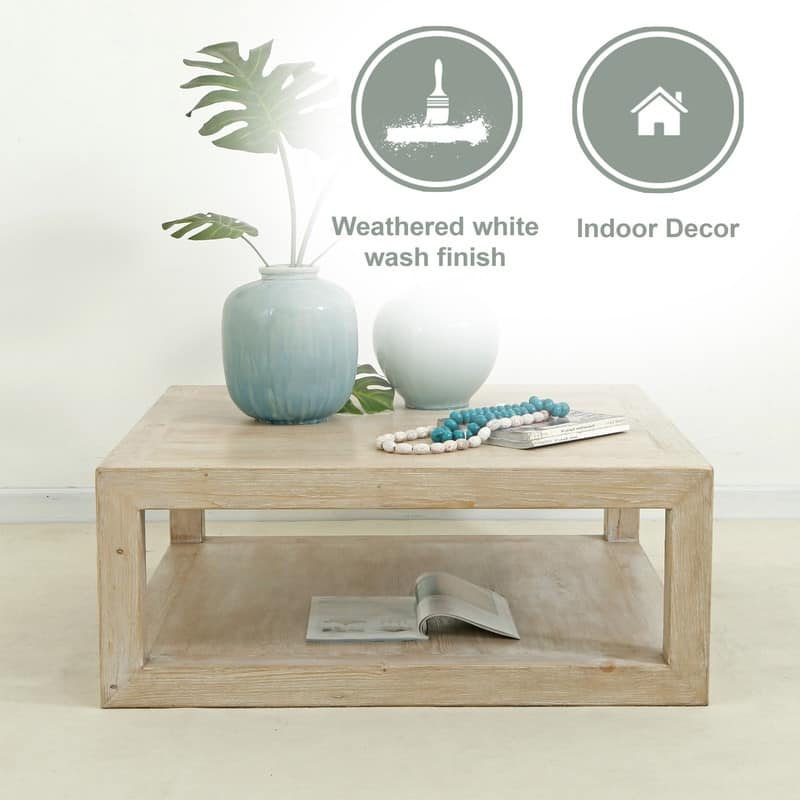Artissance 39.4"L Square Weathered White Washed Wood Indoor Peking Grand Framed Coffee Table