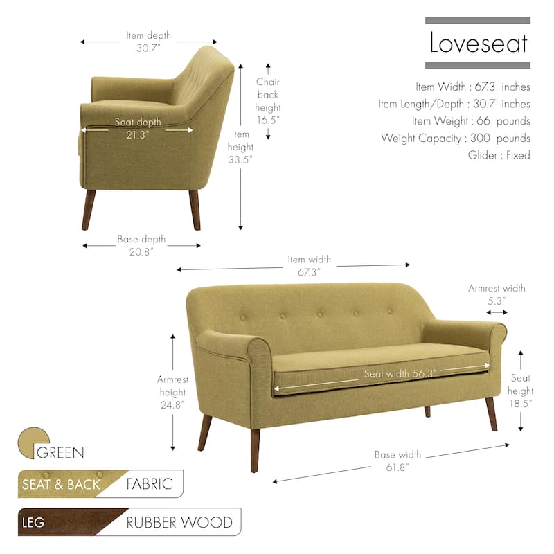 Porthos Home Ruth Loveseat Small Sofa Couch, Fabric, Rubberwood